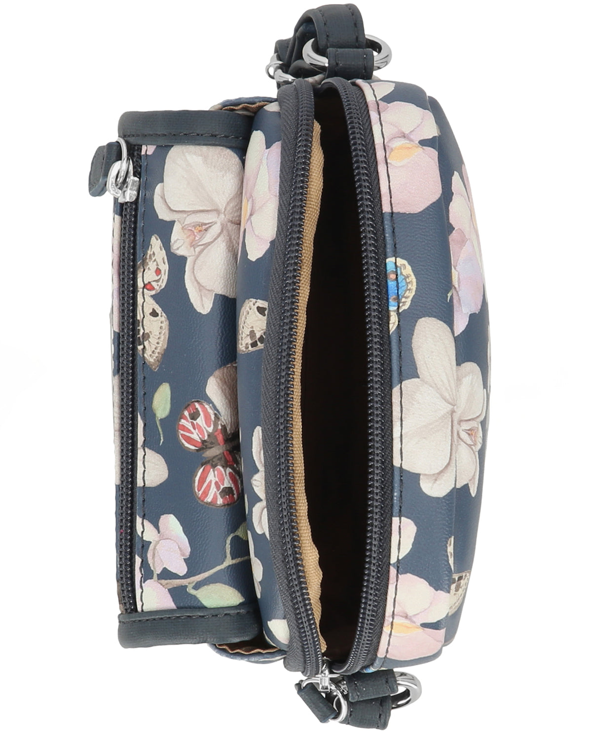 Floral-patterned crossbody bag on a white background