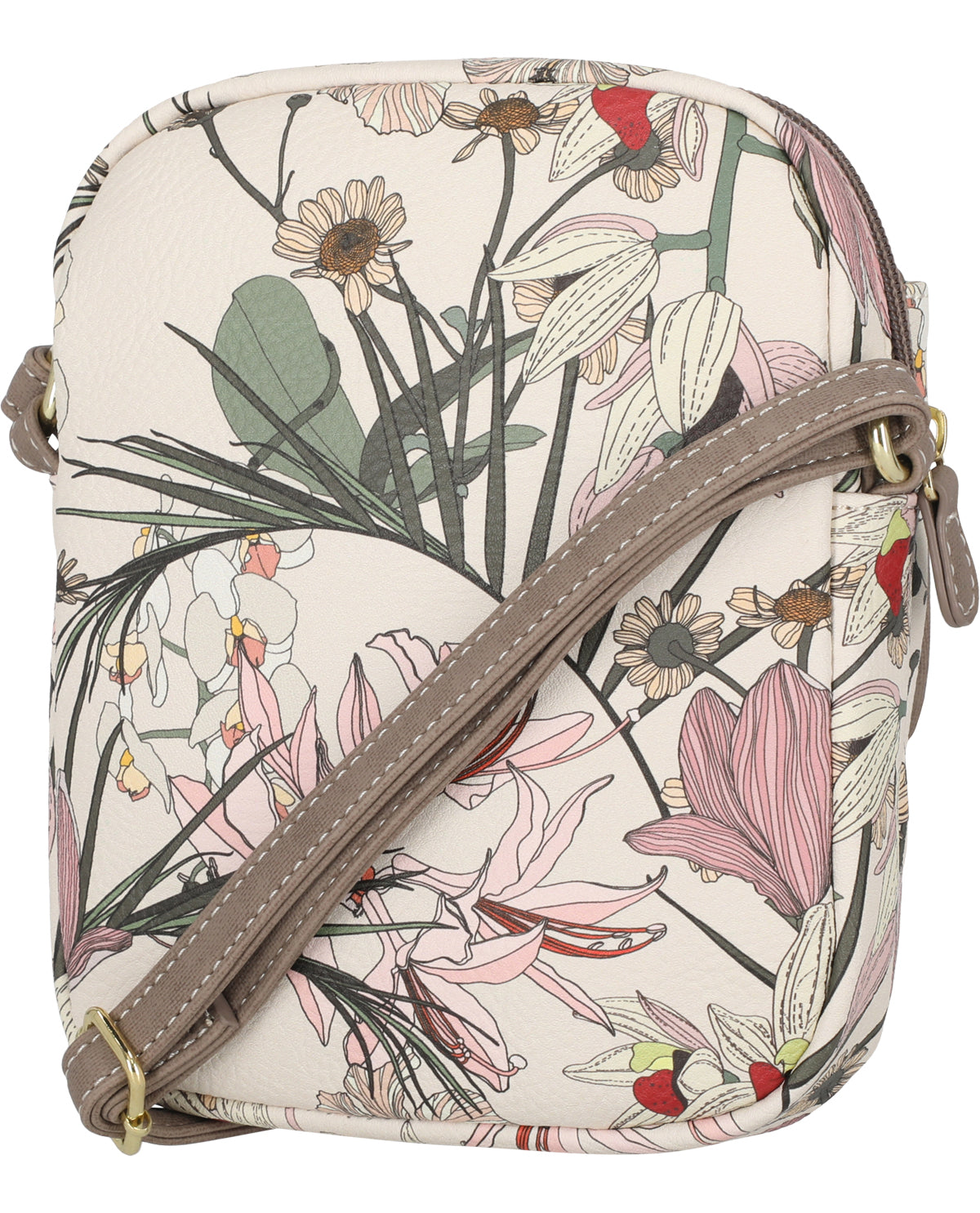 Floral-patterned crossbody bag with a beige strap on a white background