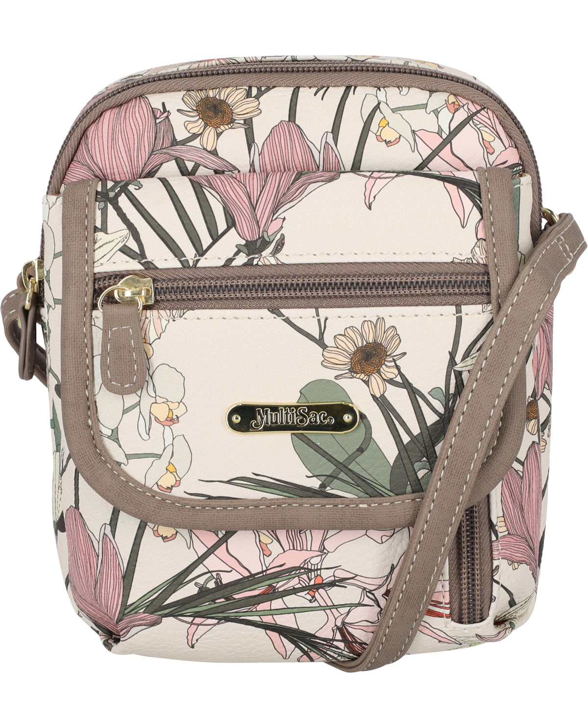 Floral patterned crossbody bag with a visible brand logo on a white background