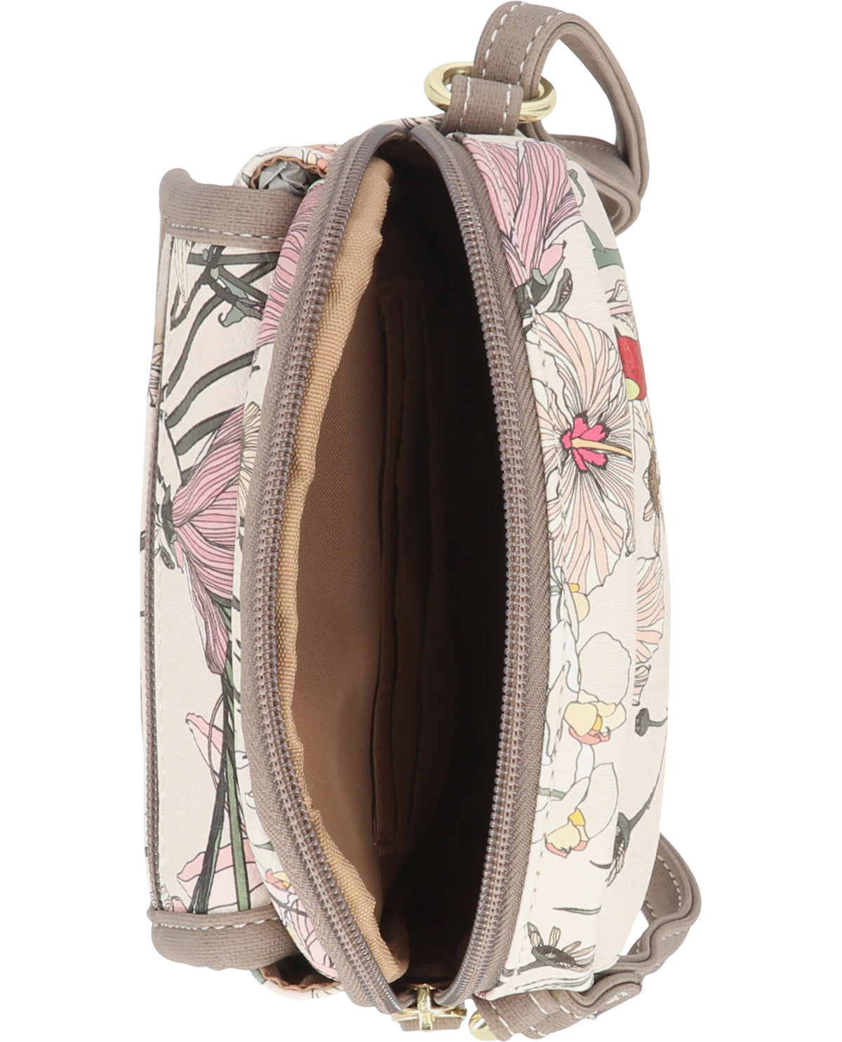 Floral-patterned crossbody bag with open flap showing interior.