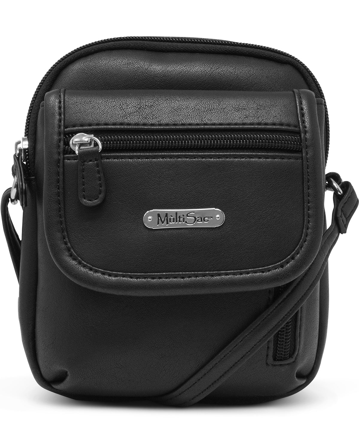Black leather crossbody bag with a visible brand logo on a white background