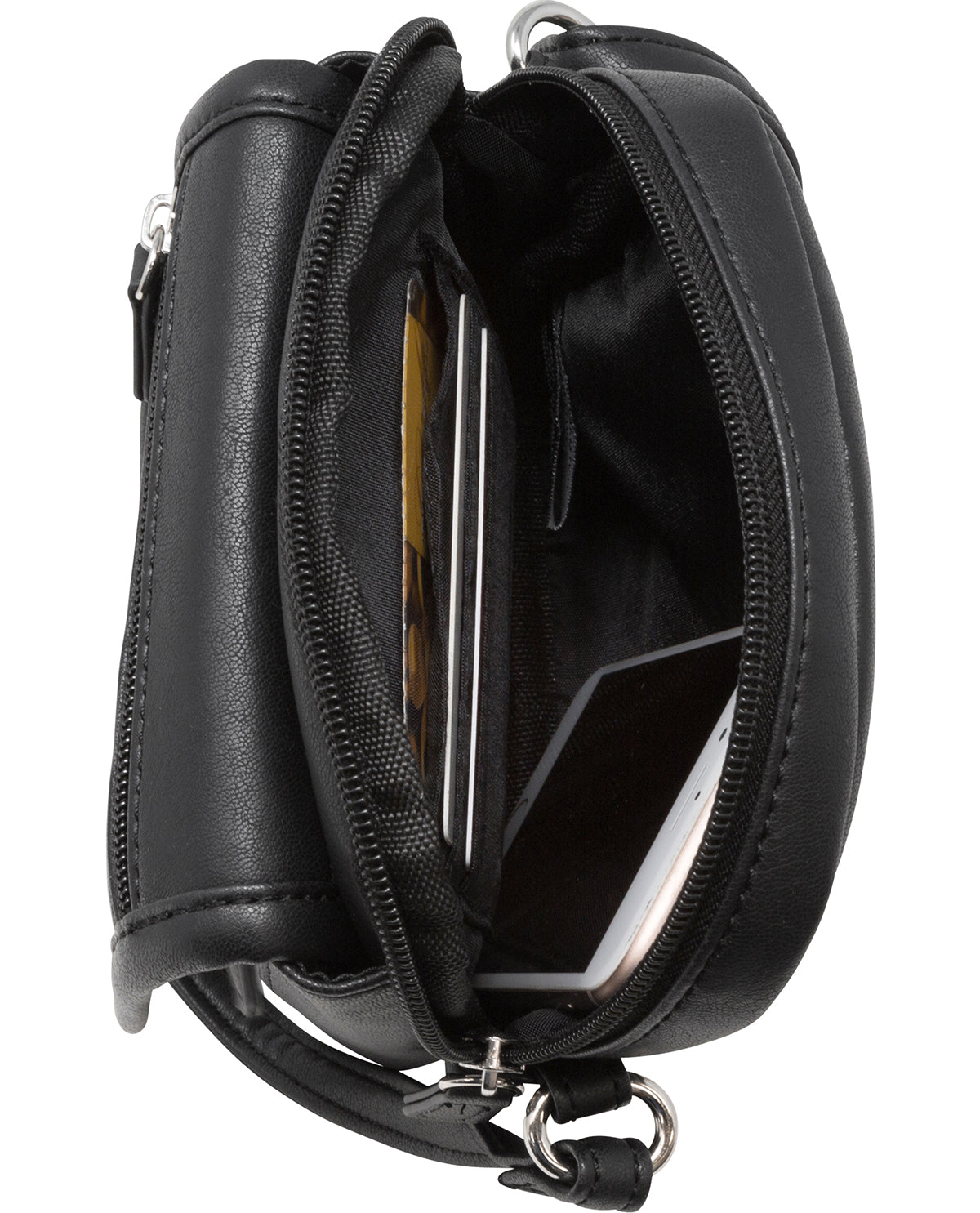 Black leather pouch with a metal clip on a white background