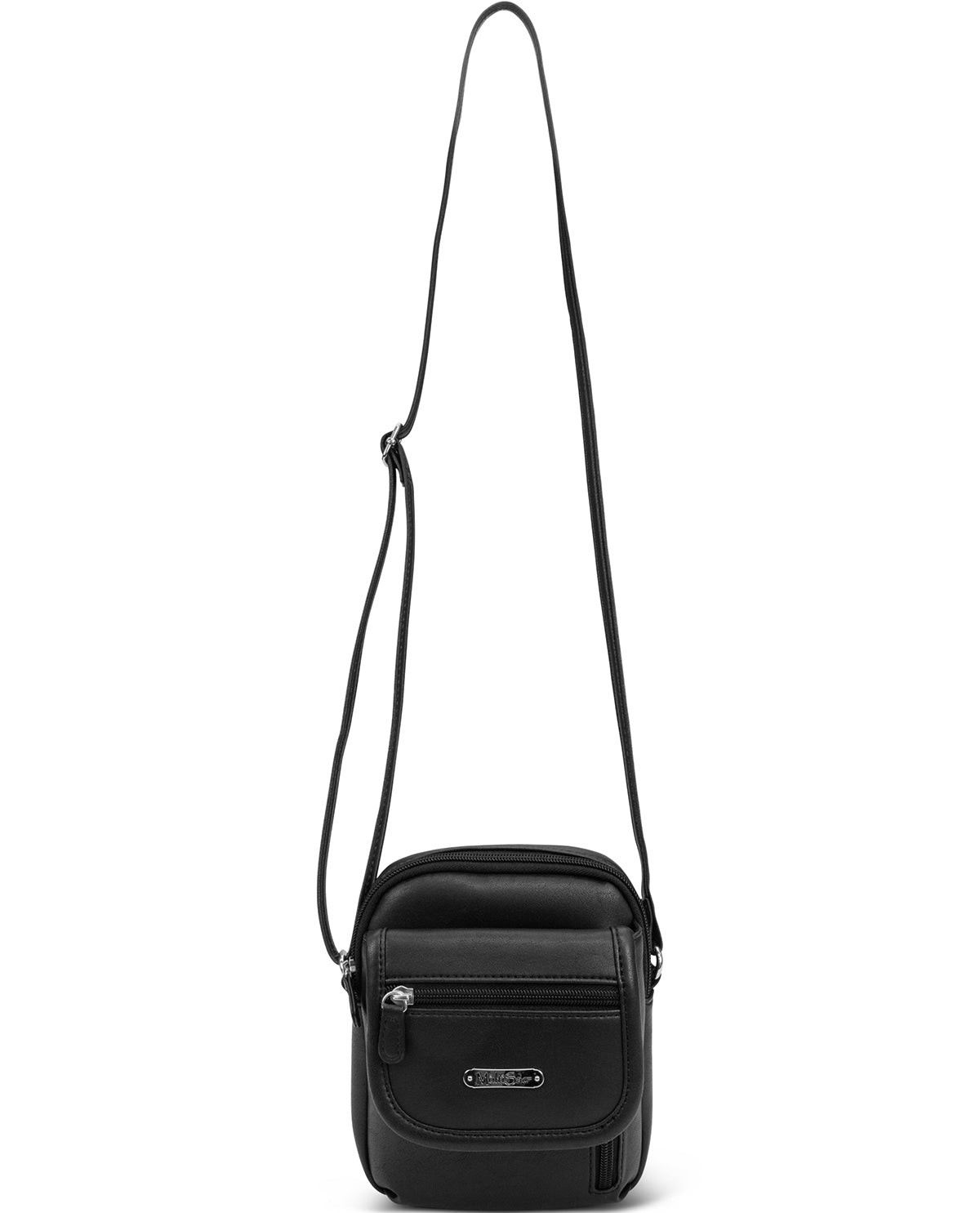 Black crossbody bag on a white background