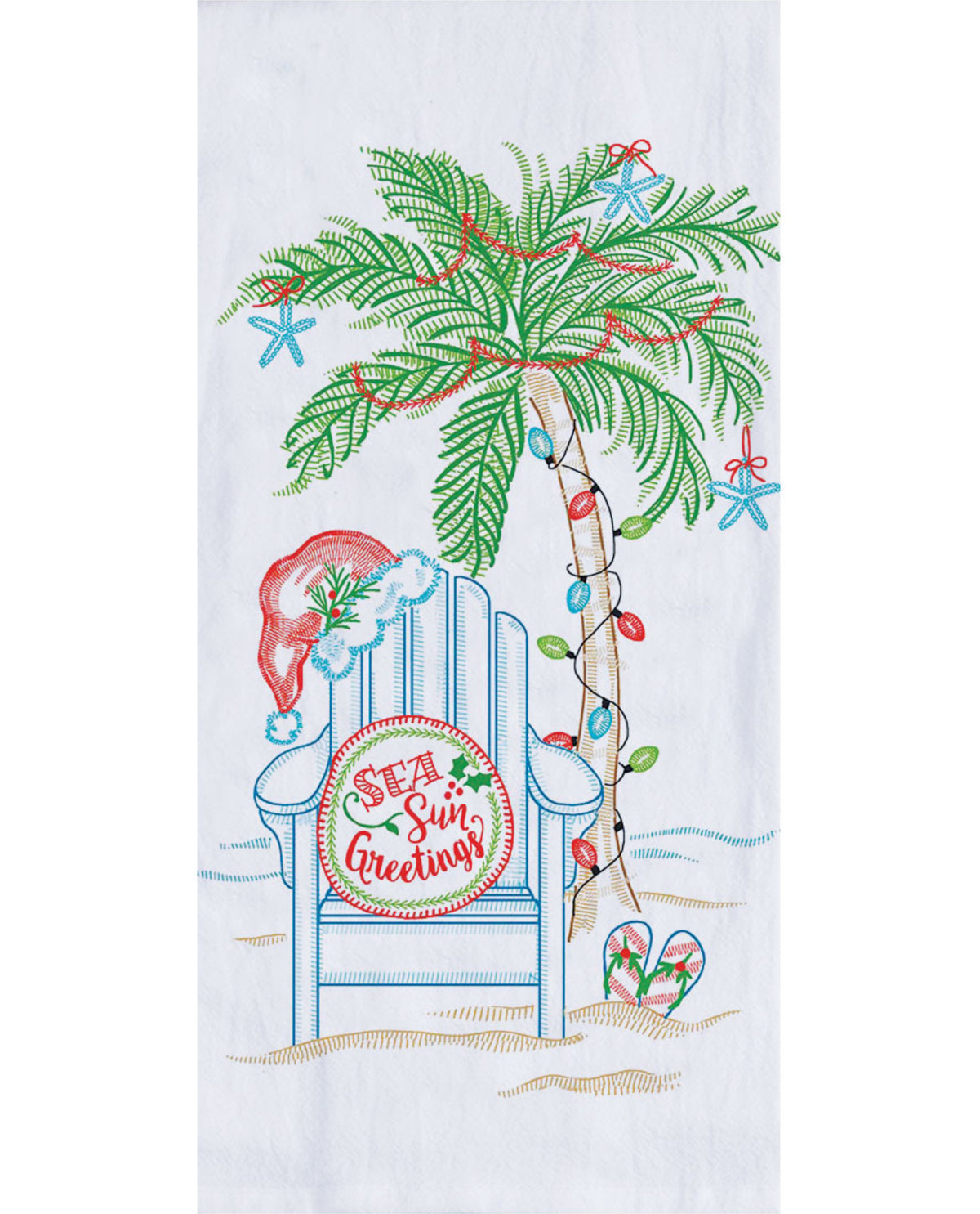 Sea & Sun Holiday Greetings Embroidered Flour Sack Dish Towel