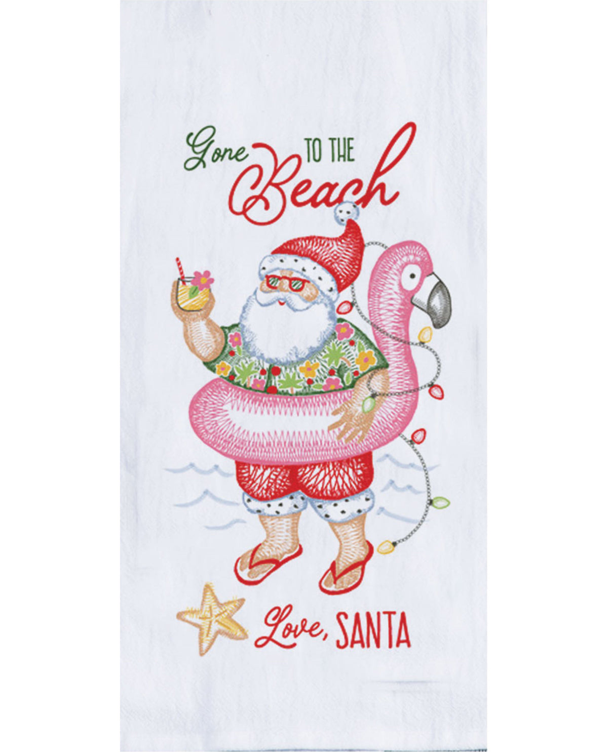 Beach Santa Embroidered Flour Sack Dish Towel