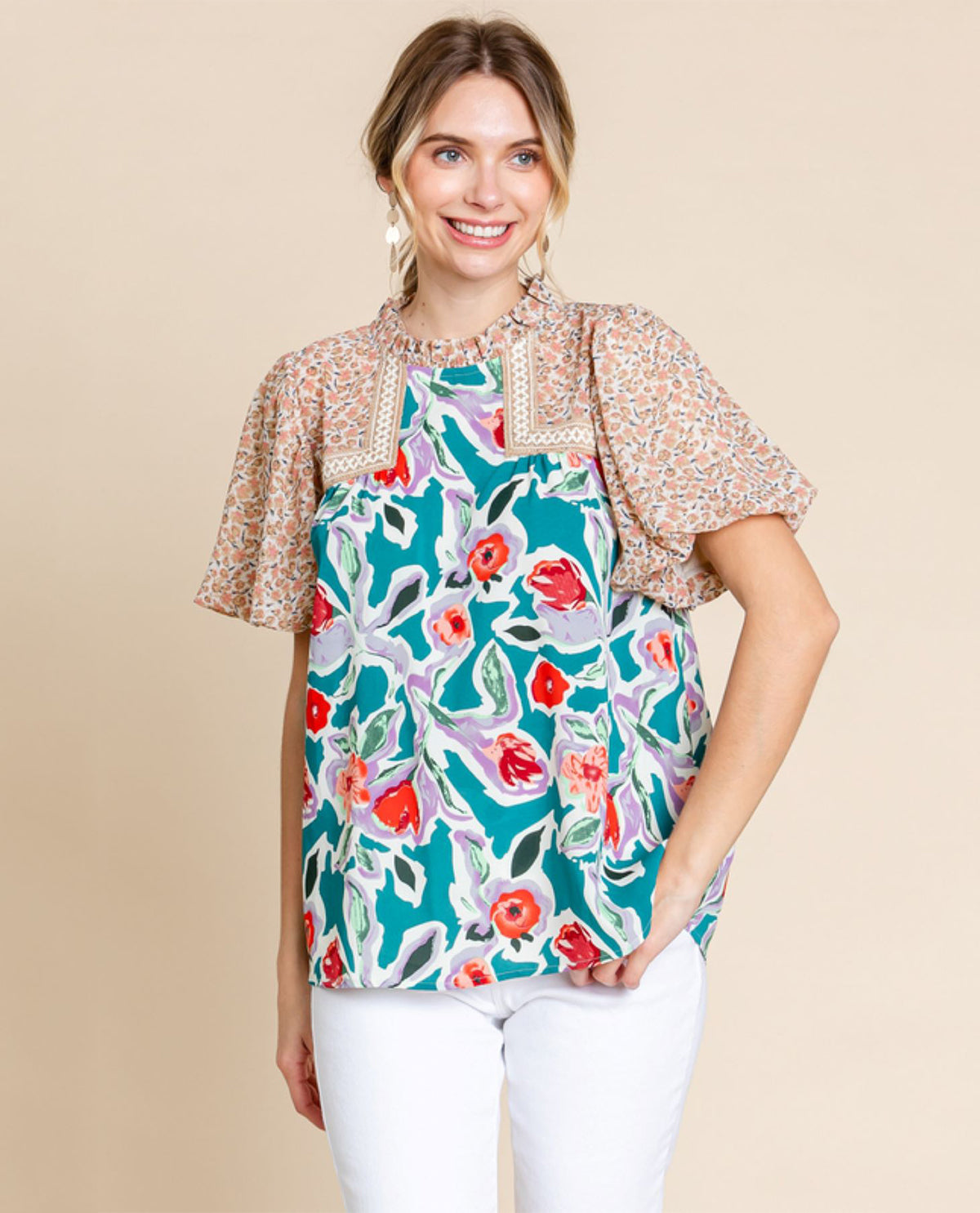 Mixed Print Top with Frilled Neck