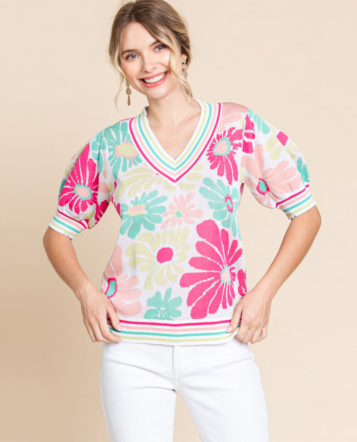 Floral Print Short Sleeve Sweater