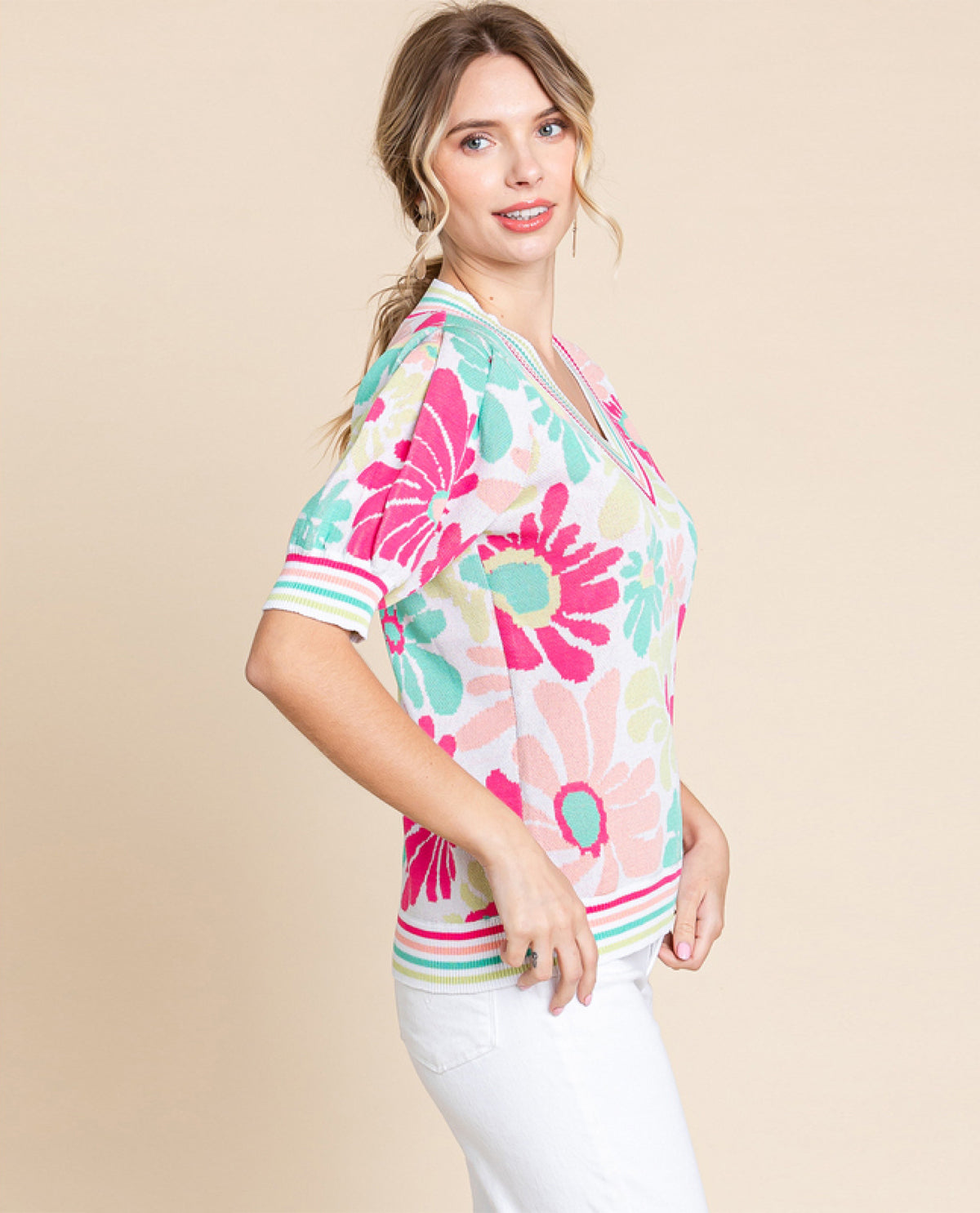 Floral Print Short Sleeve Sweater