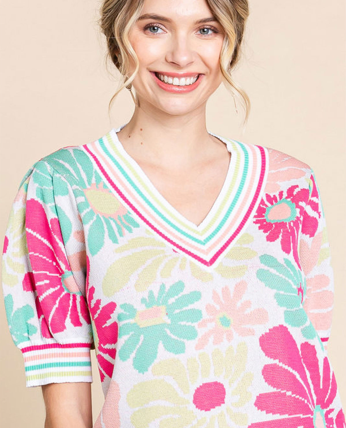 Floral Print Short Sleeve Sweater