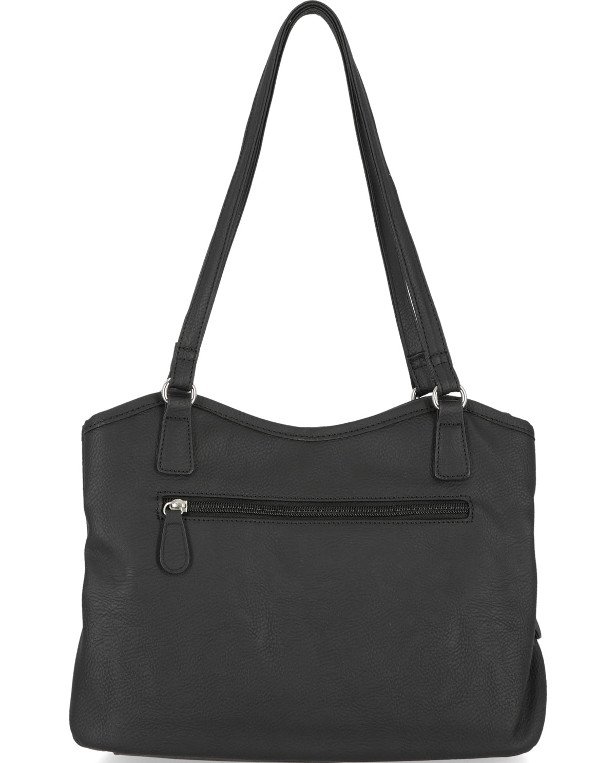 Black handbag with a shoulder strap on a white background