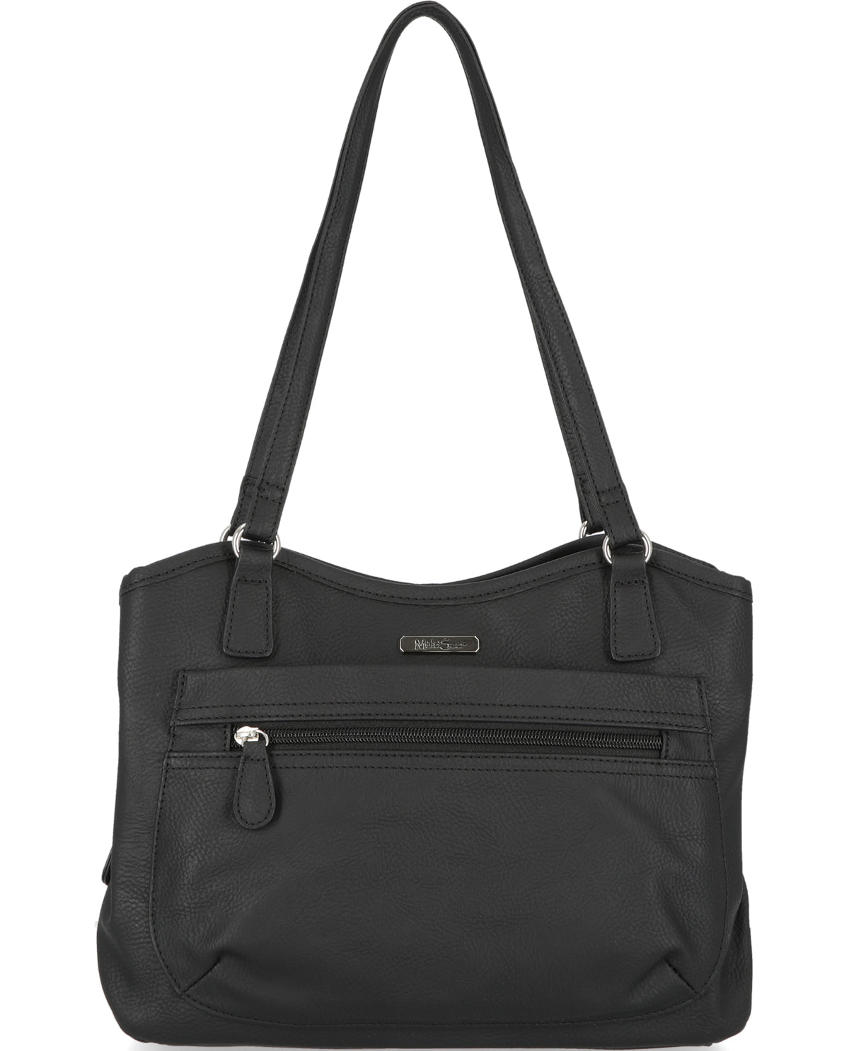 Black handbag with multiple pockets and a shoulder strap on a white background