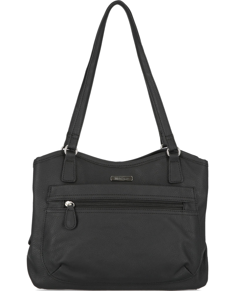 Black handbag with multiple pockets and a shoulder strap on a white background
