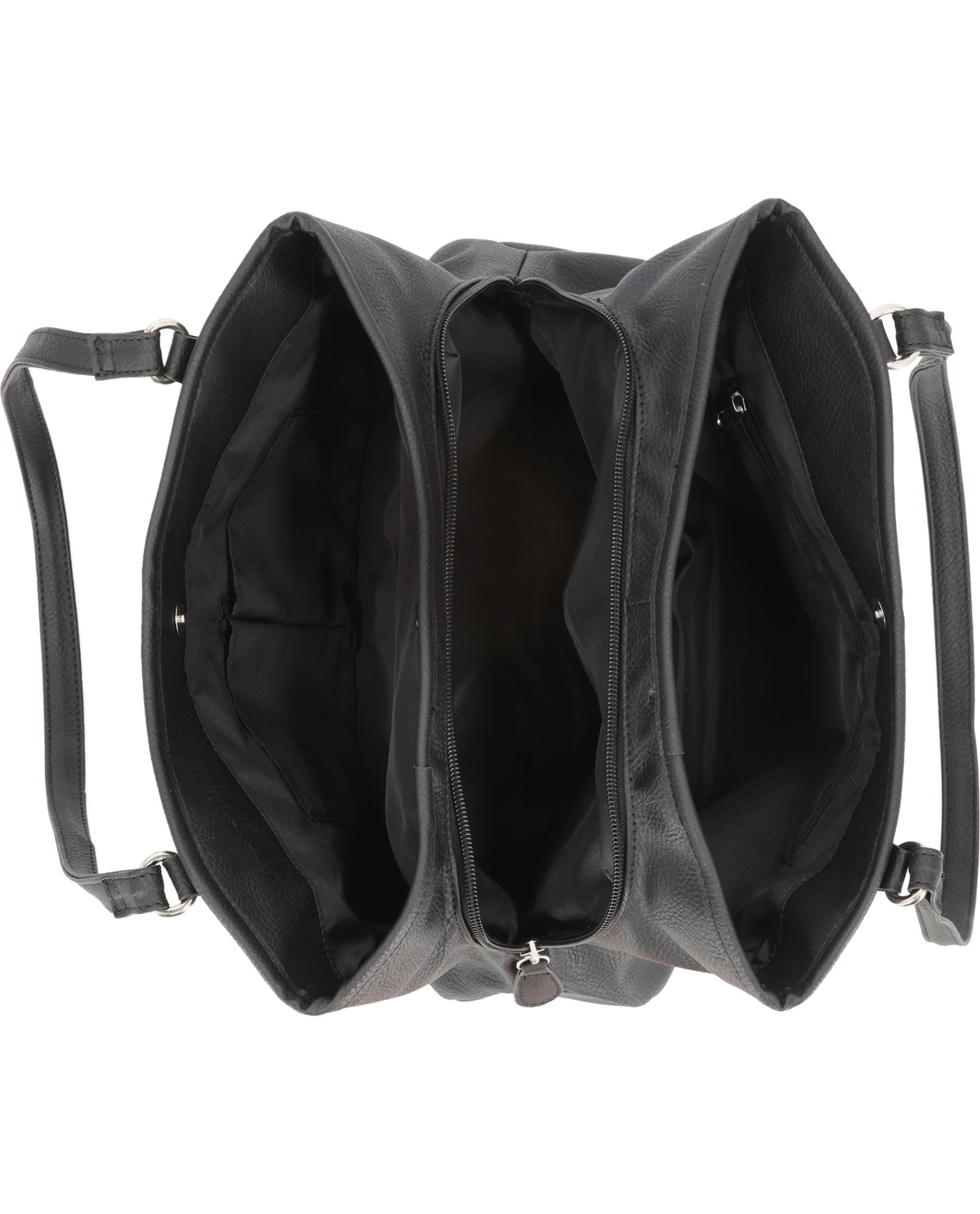 Black duffel bag with handles on a white background