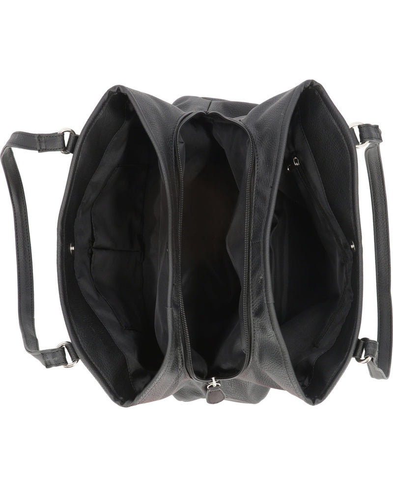 Black duffel bag with handles on a white background