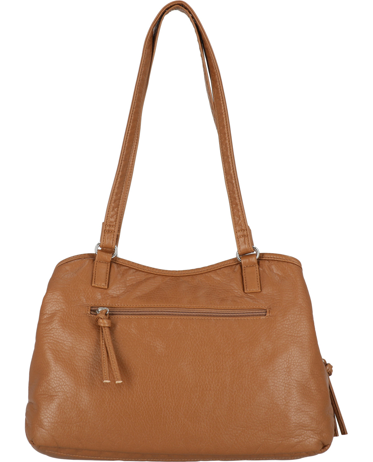 Brown leather handbag with a shoulder strap on a white background