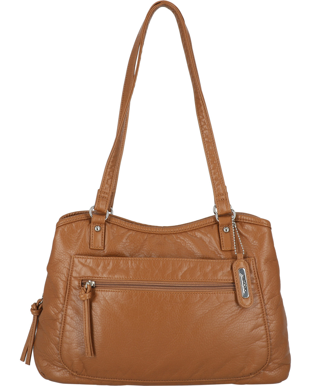 Brown leather handbag with a shoulder strap on a white background
