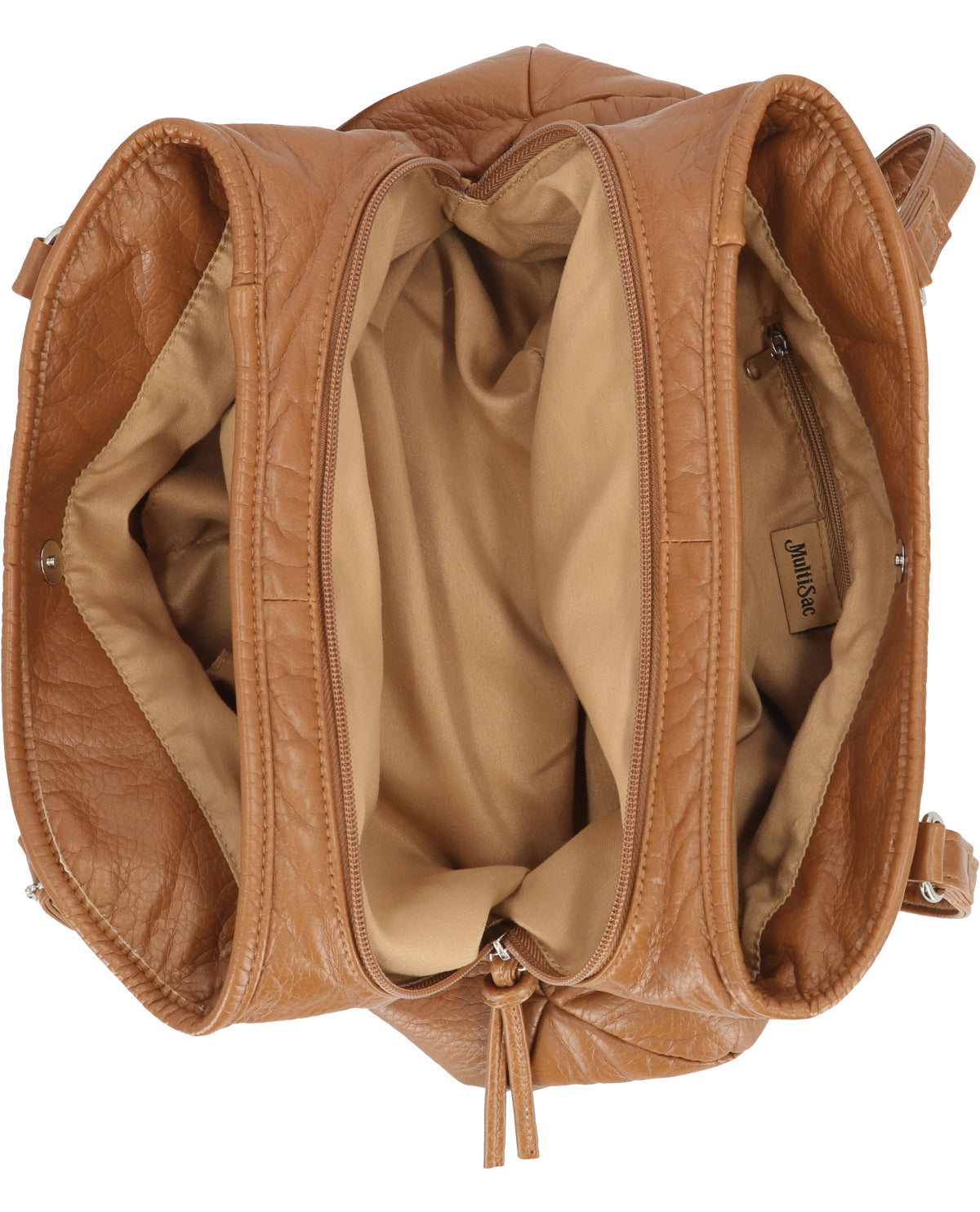 Brown leather bag with open front pocket on a white background