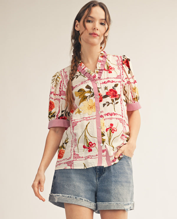 Jodifl Floral Print Top With Solid Trim Fuchsia