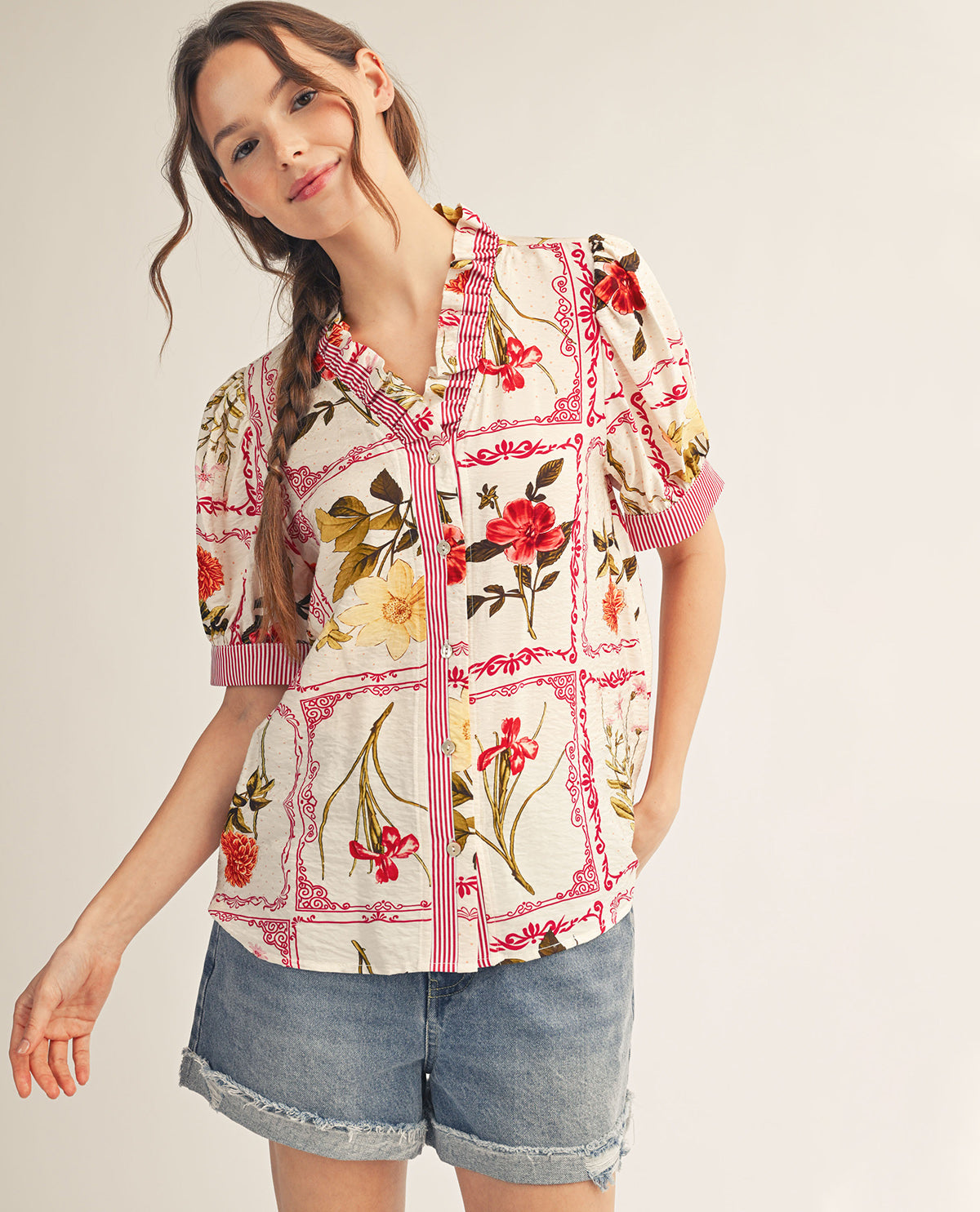Jodifl Floral Print Top With Solid Trim Fuchsia