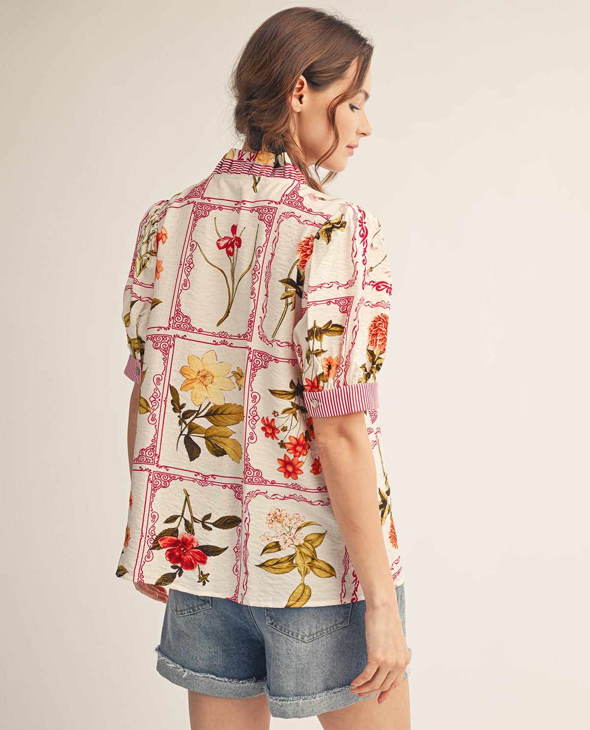 Jodifl Floral Ruffle Neck Top With Stripe Trim
