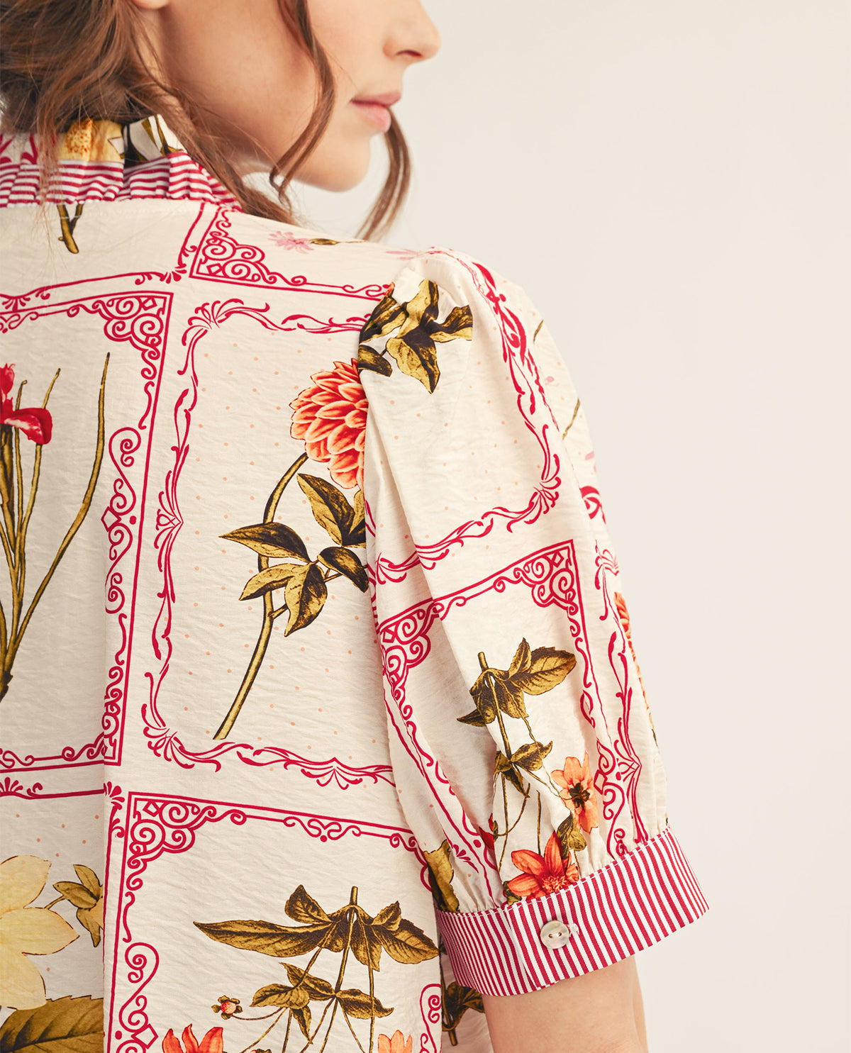 Jodifl Floral Ruffle Neck Top With Stripe Trim
