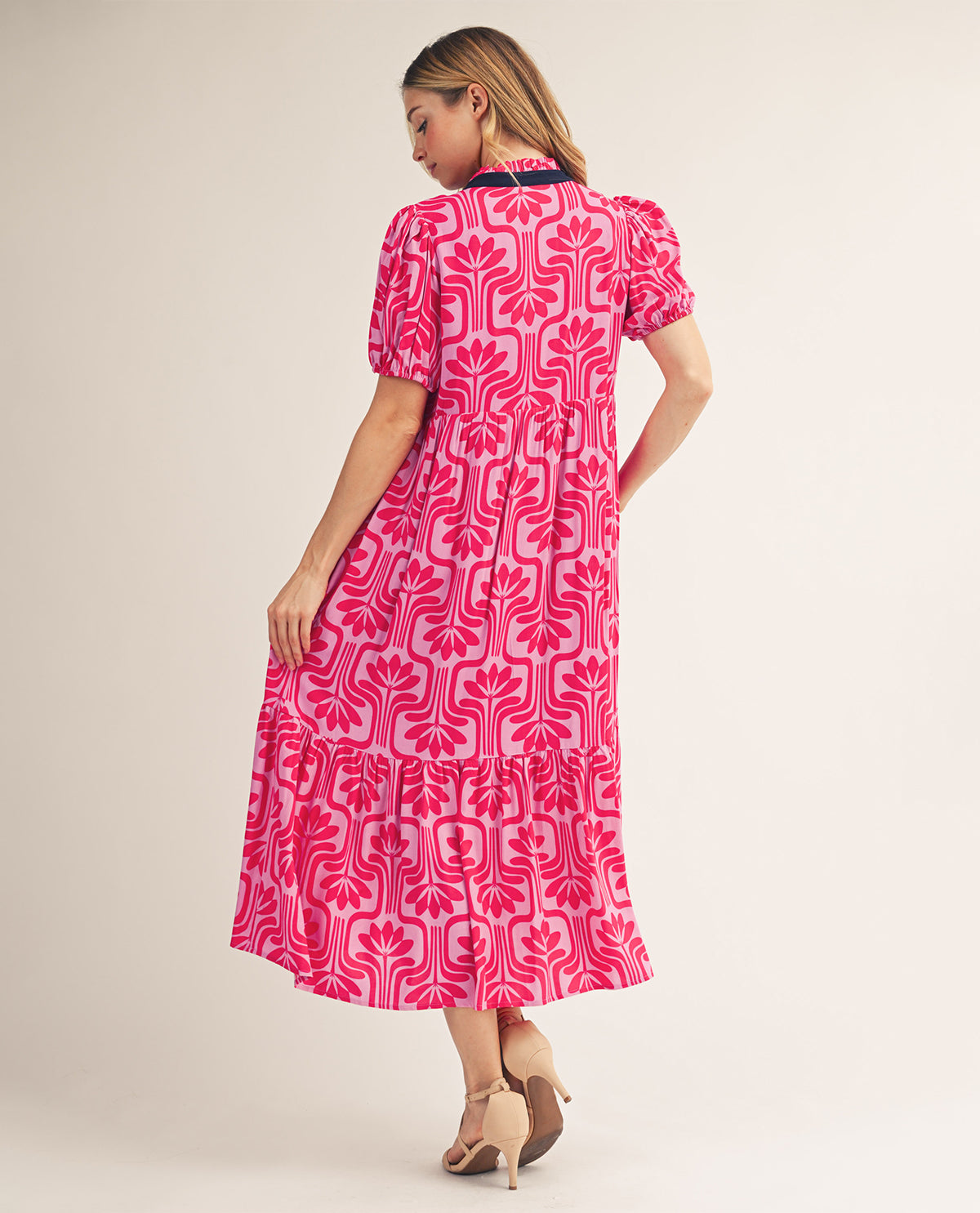 Jodifl Print Tiered Dress With Solid Trim Berry