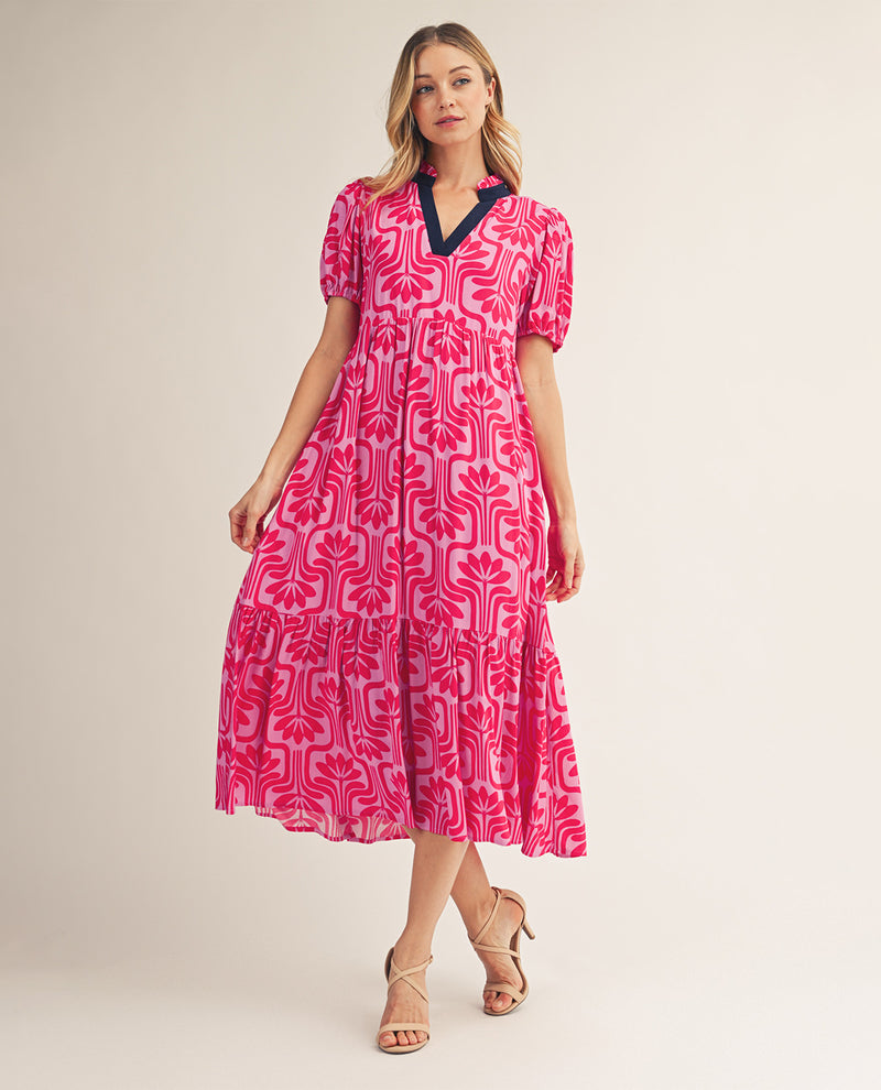 Jodifl Print Tiered Dress With Solid Trim Berry