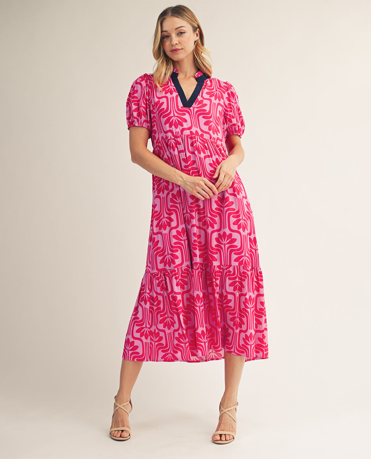 Jodifl Print Tiered Dress With Solid Trim Berry