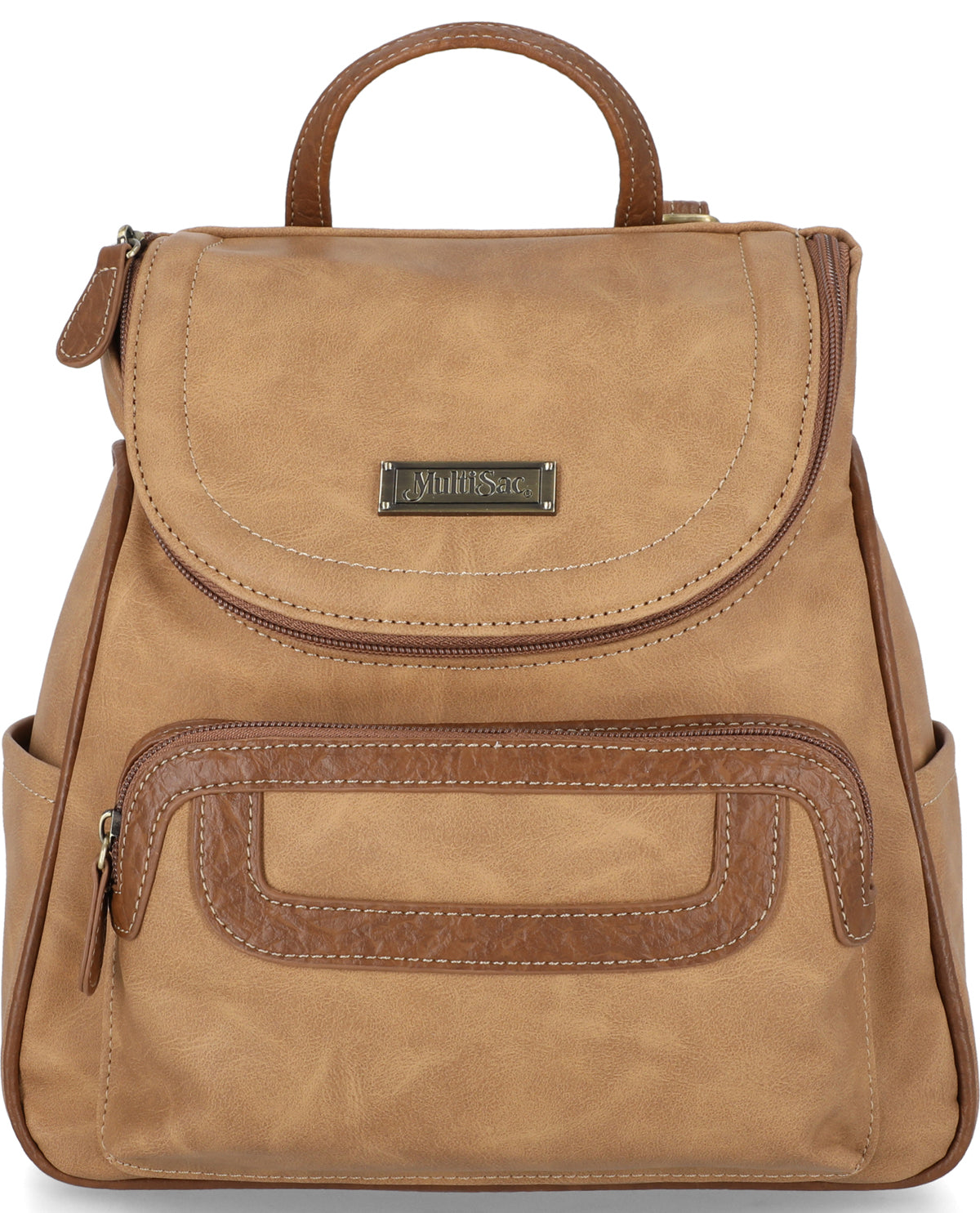 Brown leather backpack with a visible brand label on a white background