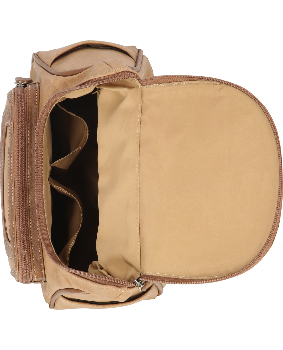 Tan leather bag with open flap on a white background