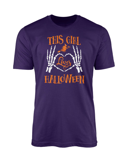A purple short-sleeved t-shirt with a graphic design featuring bones and the text 'This girl loves Halloween'.