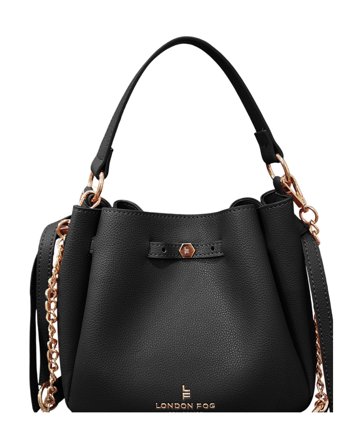 Black handbag with gold chain detail on a white background
