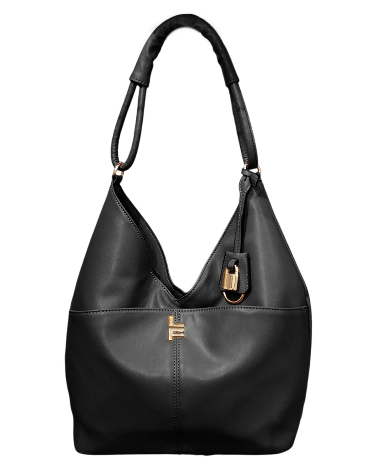 Black handbag with gold accents on a white background