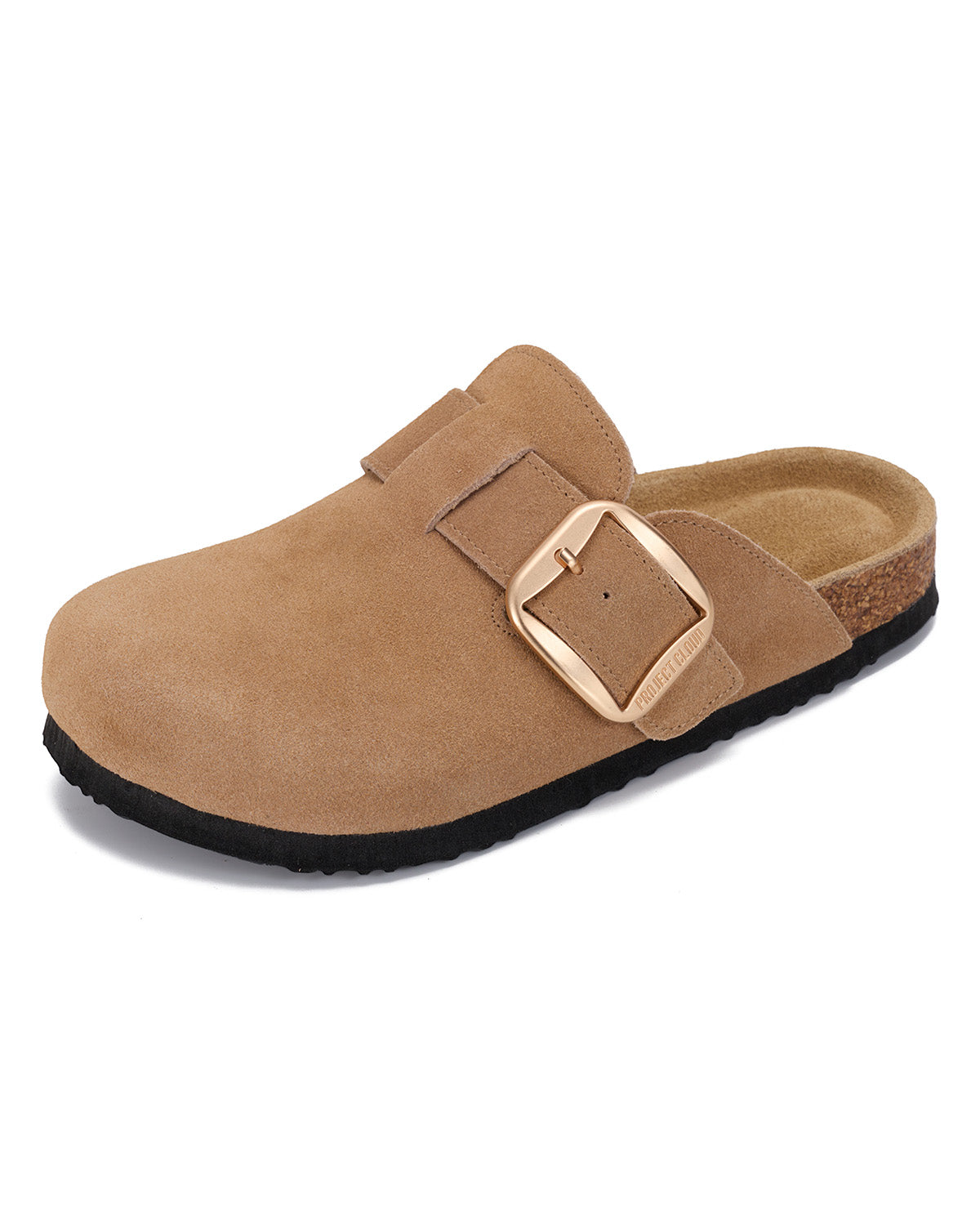 A tan suede clog-style mule shoe with a wide strap and a large rectangular buckle, shown on a plain white background.