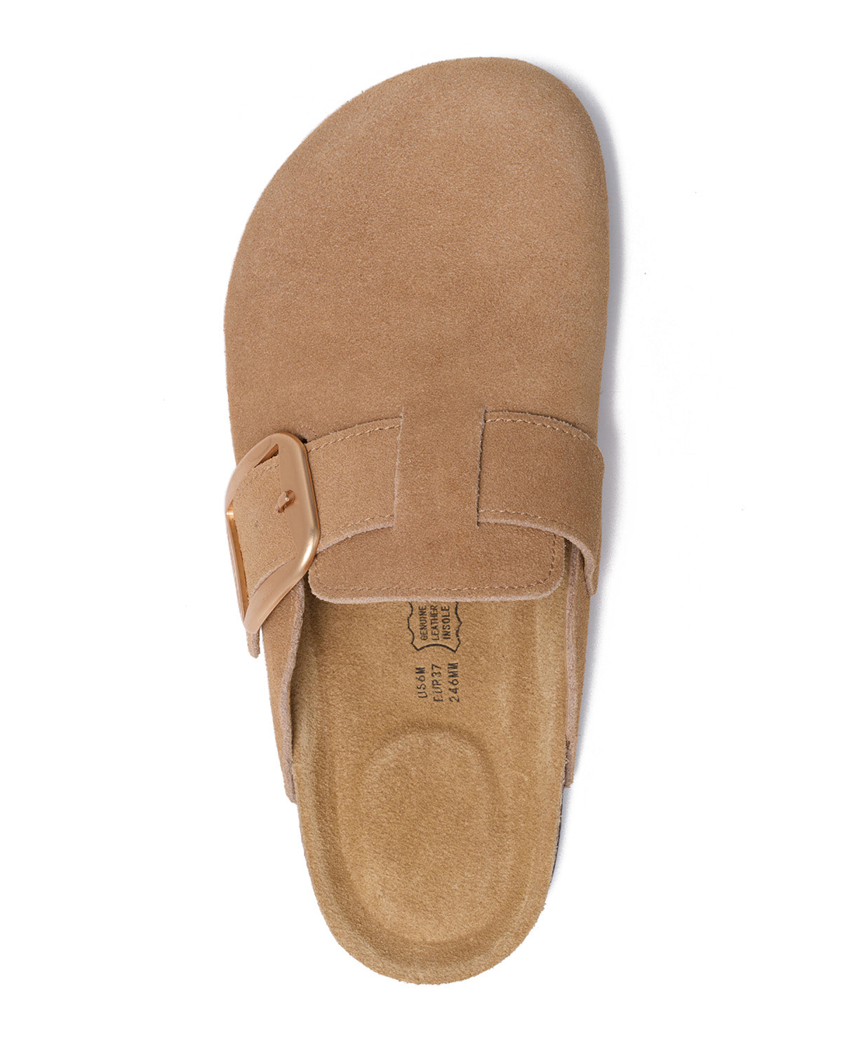 A single tan suede clog-style sandal shown from a top-down view on a plain white background.