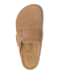 A single tan suede clog-style sandal shown from a top-down view on a plain white background.