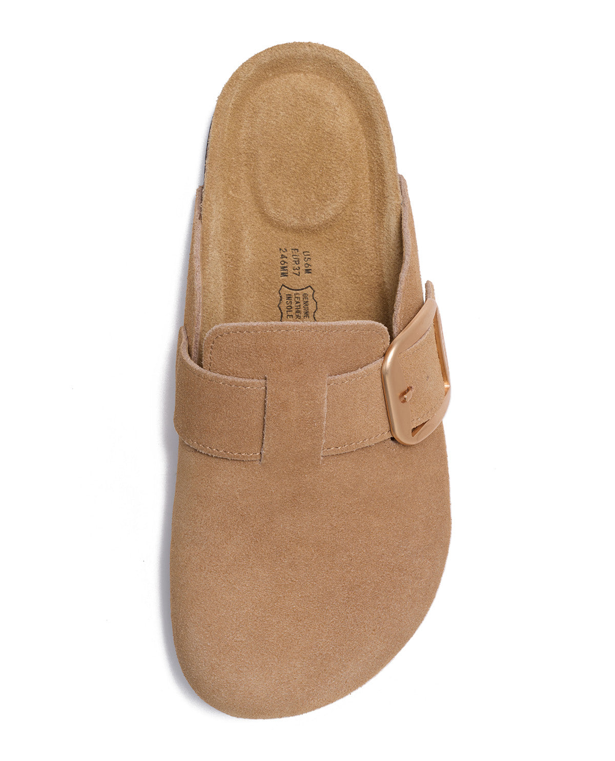 A tan suede clog-style mule shoe with a wide strap and a square buckle detail, shown from a top-down view on a white background.