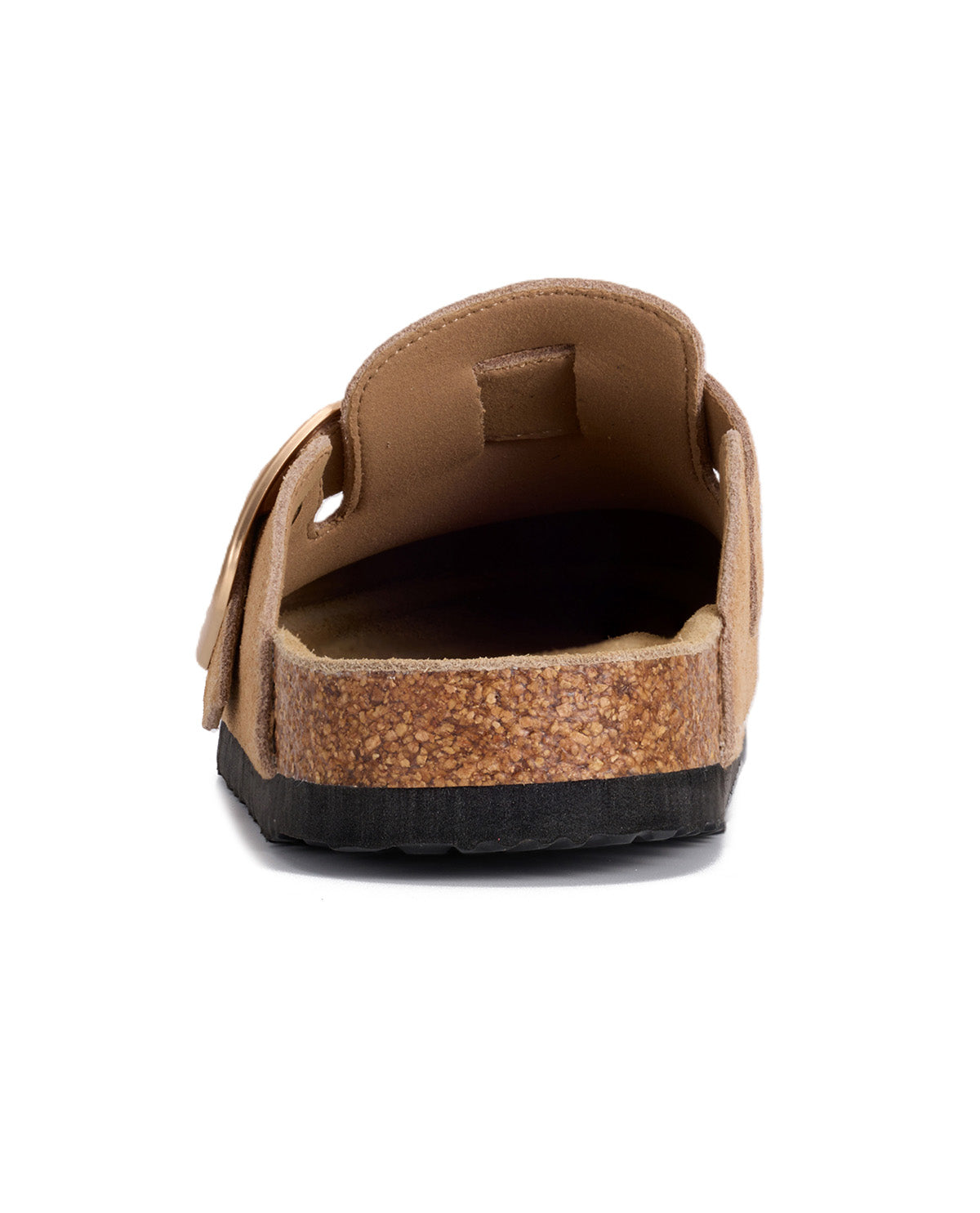 A rear view of a tan slip-on clog sandal with a cork-textured midsole and a black outsole, shown on a plain white background.