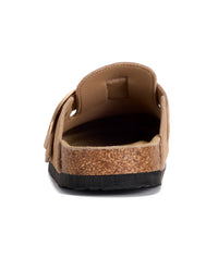 A rear view of a tan slip-on clog sandal with a cork-textured midsole and a black outsole, shown on a plain white background.