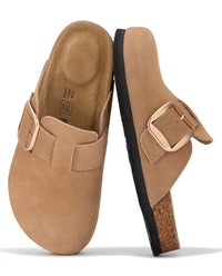 A pair of tan suede clogs with gold-tone buckles, shown from the top and side views on a white background.