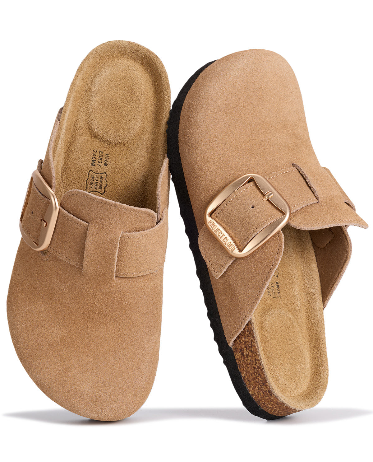 A pair of tan suede clogs with gold-tone buckle straps, shown from the top and side views on a white background.