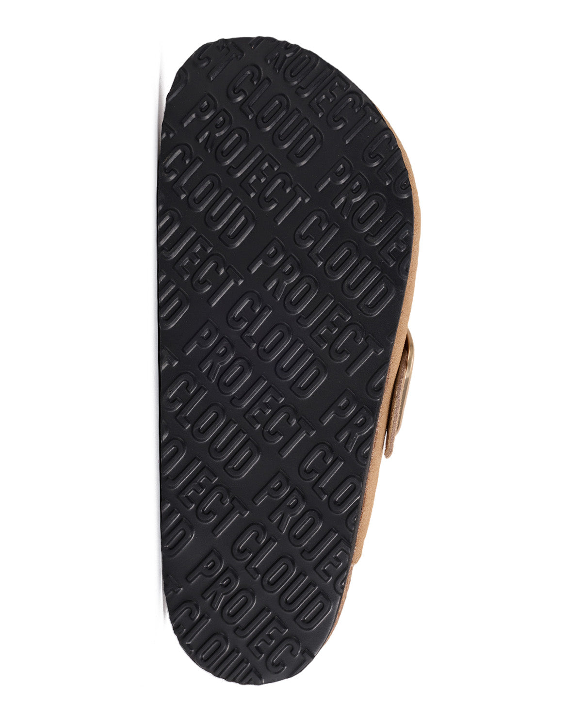 The black outsole of a slide sandal, featuring a repeating embossed pattern of the brand name 'PROJECT CLOUD'. The tan leather side of the shoe is partially visible on the right against a solid white background.