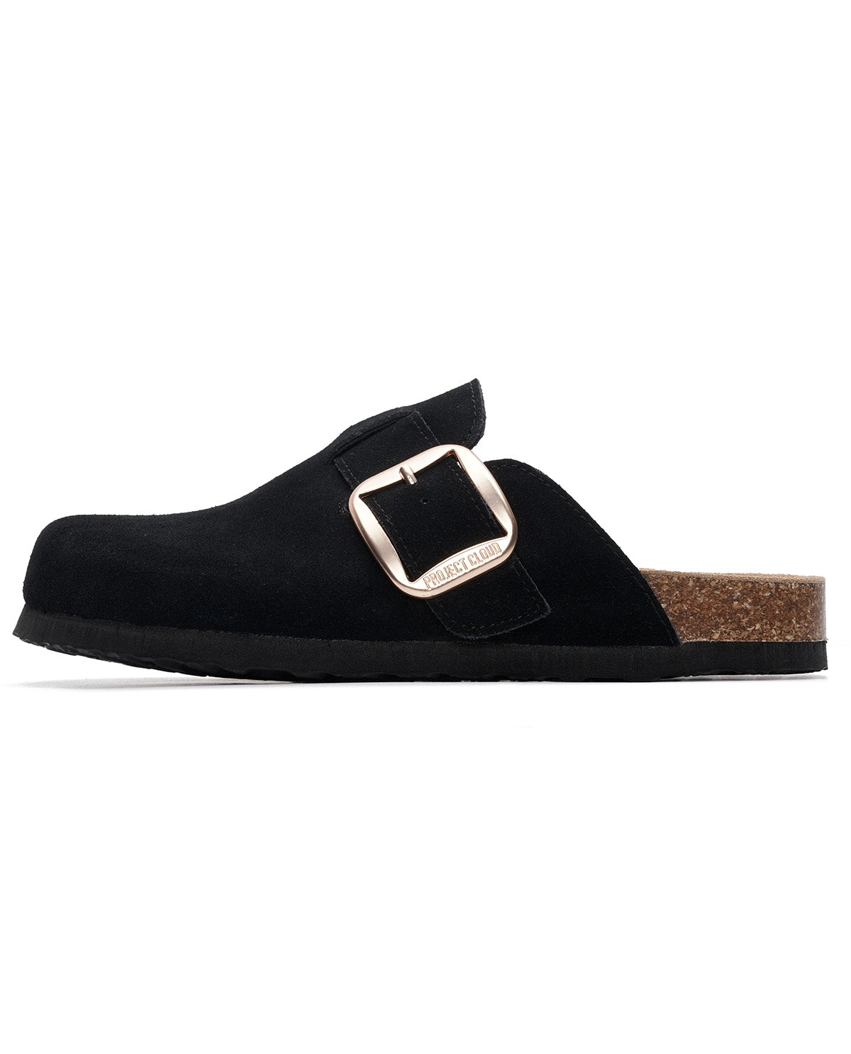 A black suede clog sandal with a silver-tone metal buckle strap and a natural cork midsole, shown in profile against a white background.