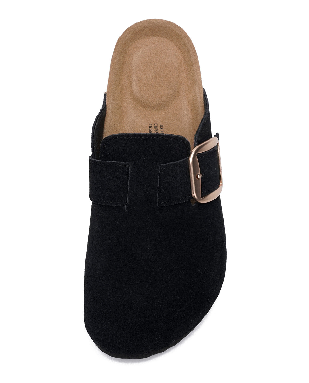 A black suede clog-style mule shoe with a wide strap and a square metal buckle, shown from a top-down view on a white background.