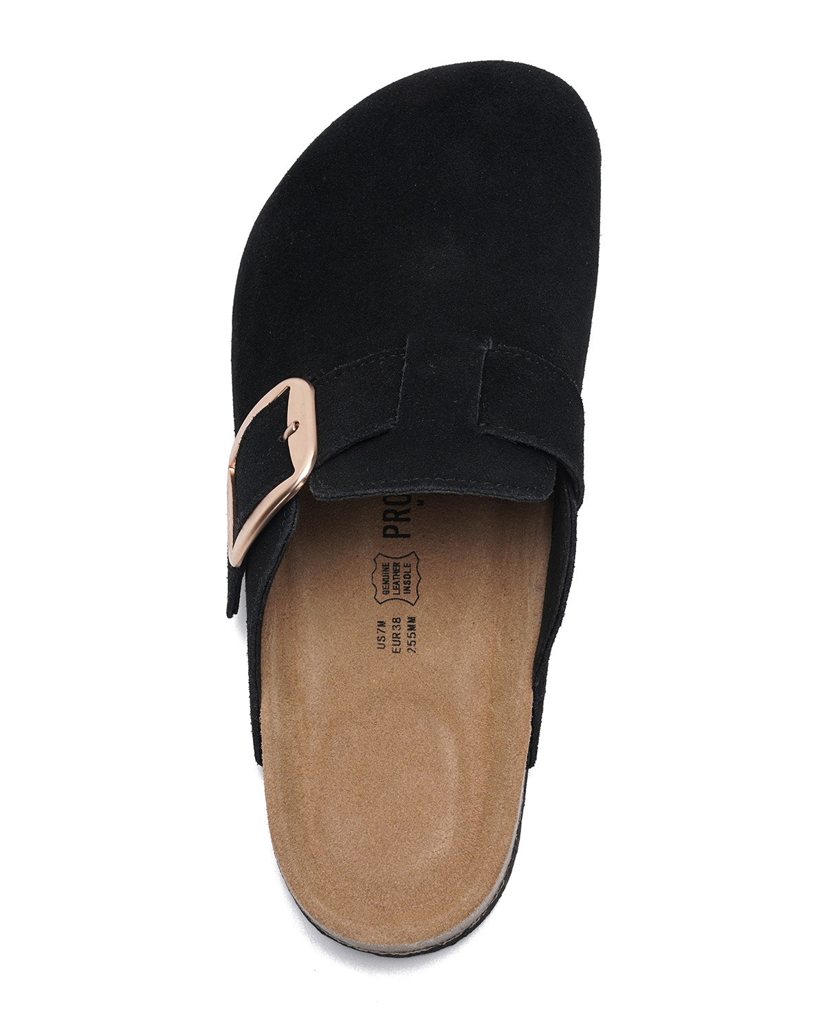 A top-down view of a black suede clog-style slipper with a tan insole and a metallic buckle, shown on a plain white background.