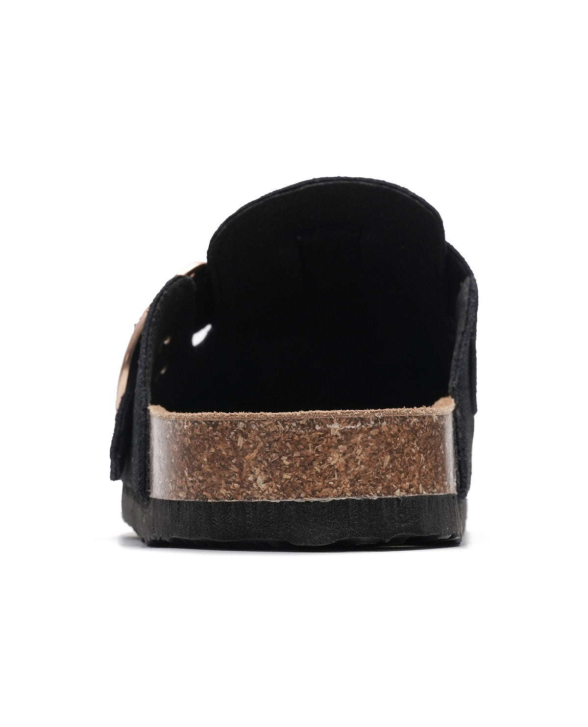 A single black slip-on clog sandal shown from a rear three-quarter view, featuring a textured brown cork midsole and a black sole, set against a plain white background.