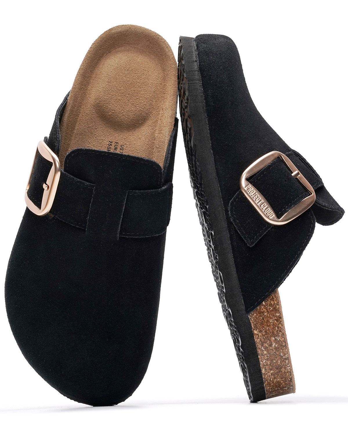 A pair of black suede clogs with a single strap and buckle, shown from the top and side views on a white background.