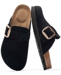 A pair of black suede clogs with a single strap and buckle, shown from the top and side views on a white background.
