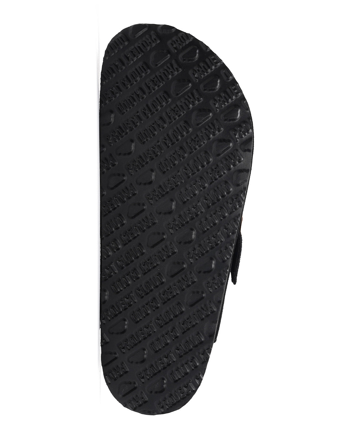 A close-up of a black slide sandal sole, showing the textured tread pattern with the brand name 'PROJECTCLOUD' repeated across the surface, set against a plain white background.