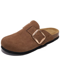 A brown suede clog-style mule shoe with a large square metallic buckle, shown from a three-quarters angle on a white background.